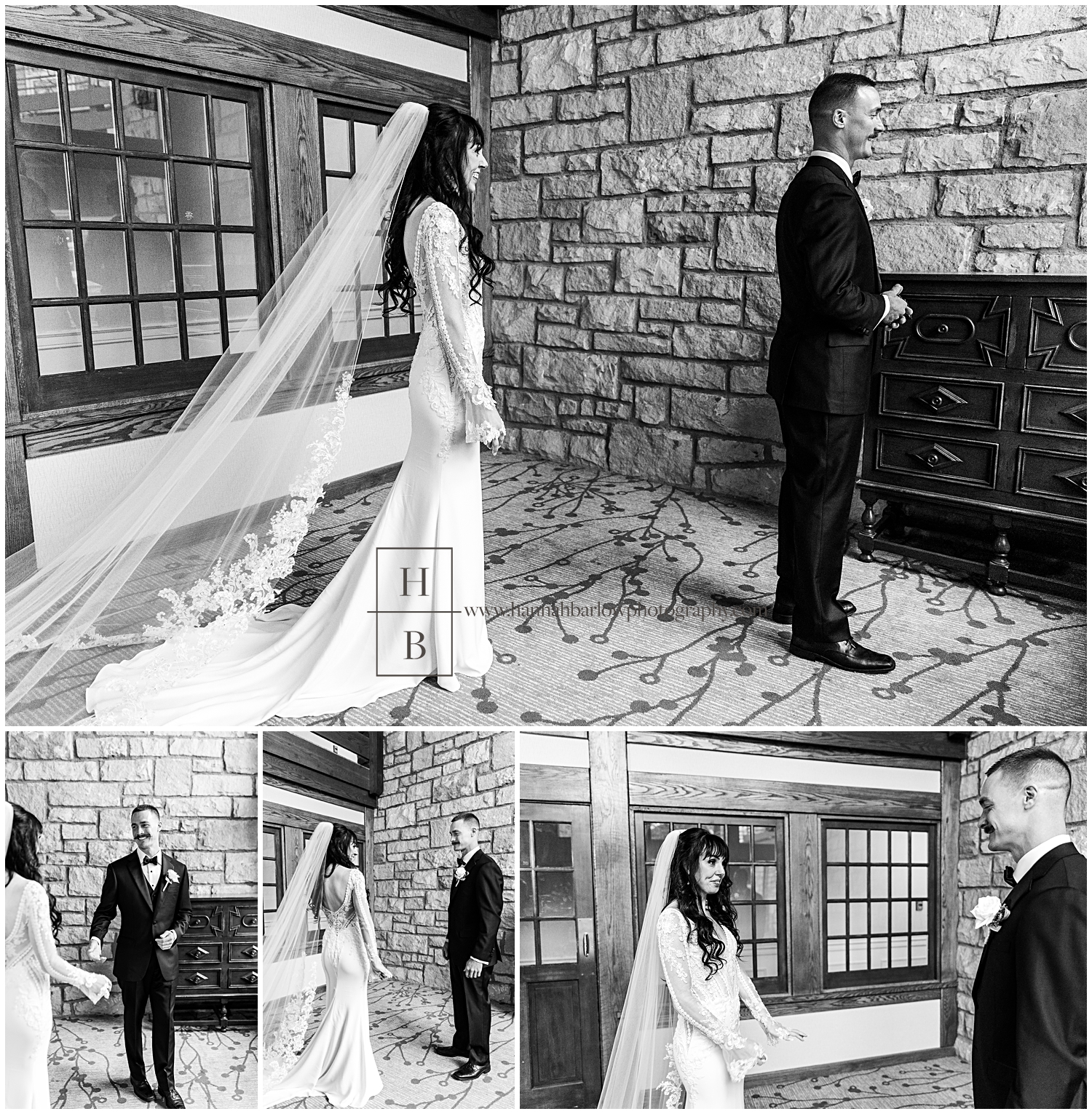 Black and white photos of bride and groom seeing one another for a first look