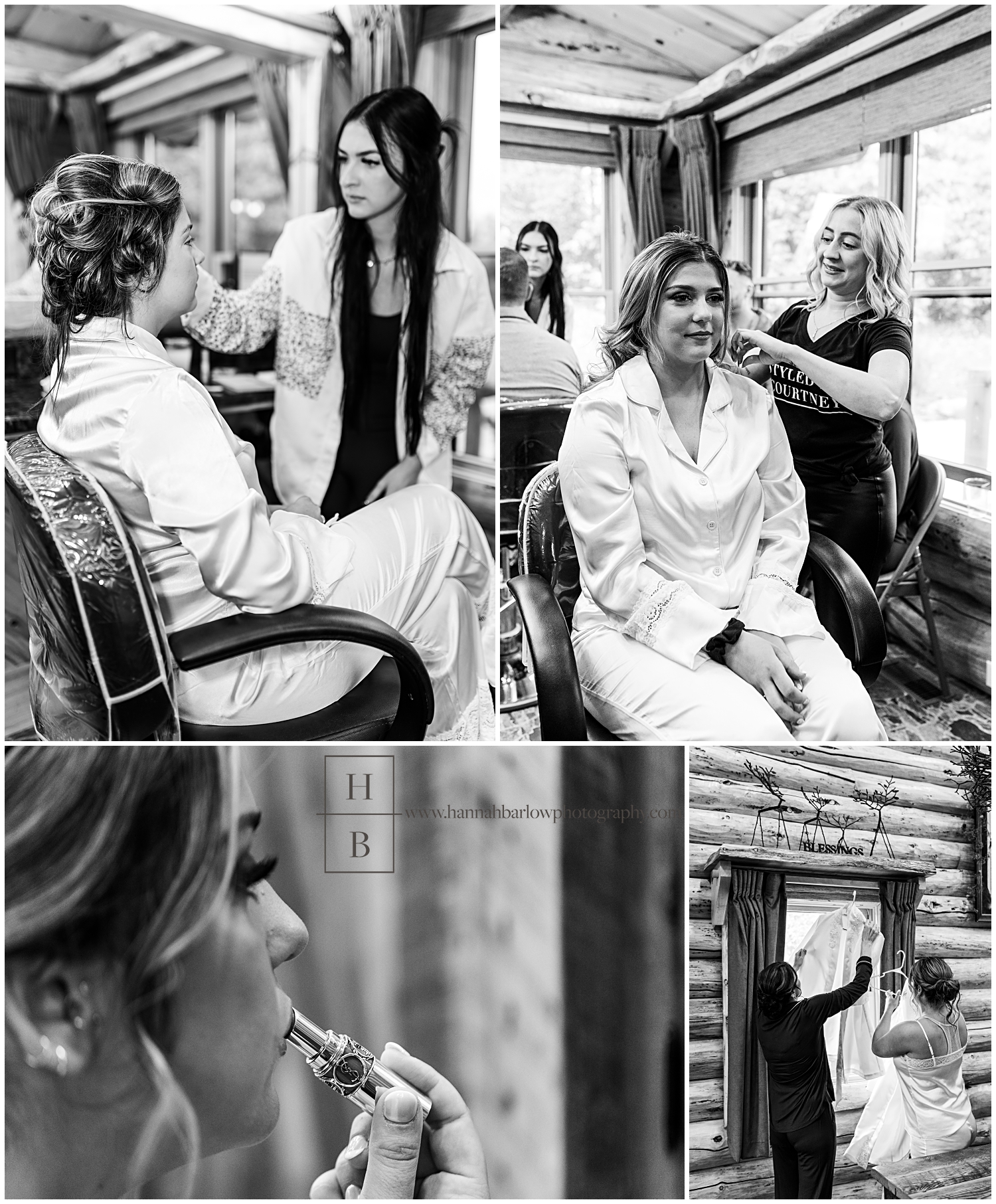 Black and white wedding photos of bride getting hair and make up done