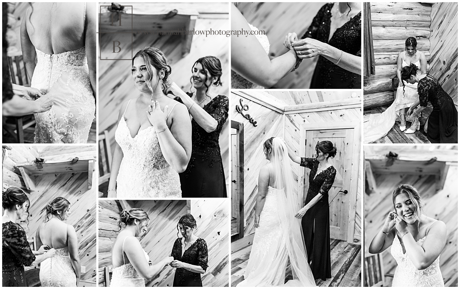 Black and white photos of bride getting ready with mother of the bride's help