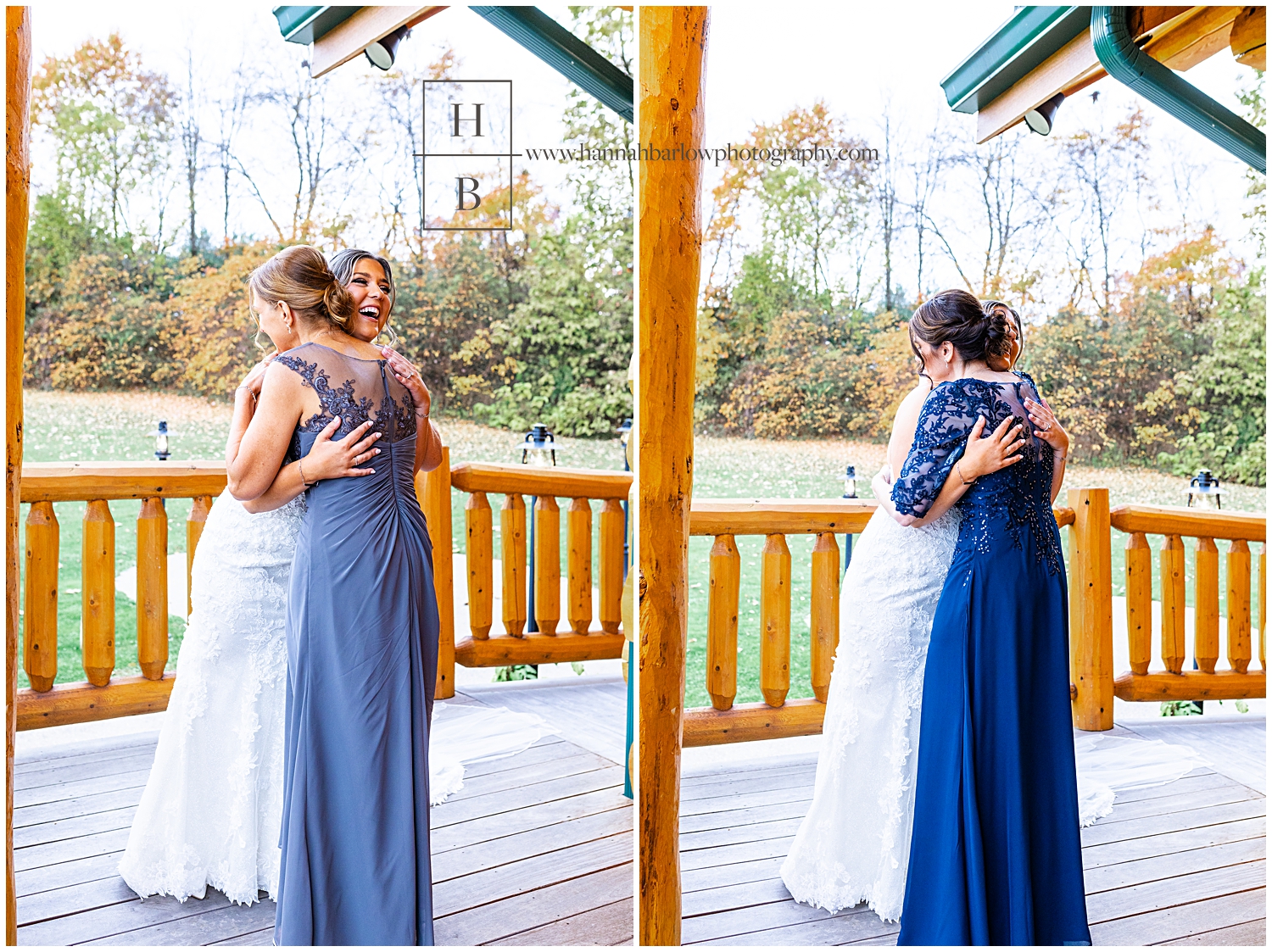 Mothers give the bride a hug on porch