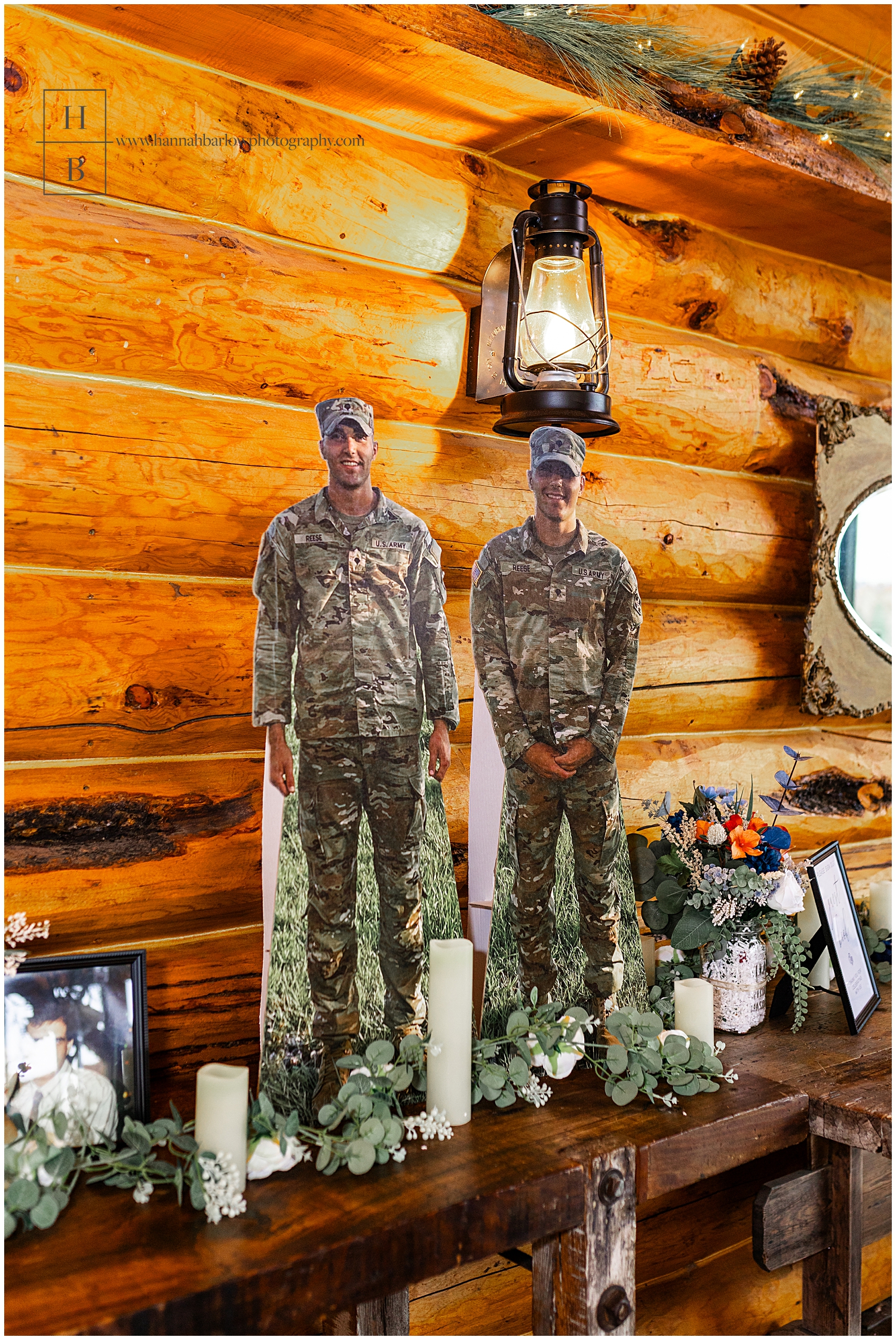 Cardboard cut outs of men in military uniform at wedding