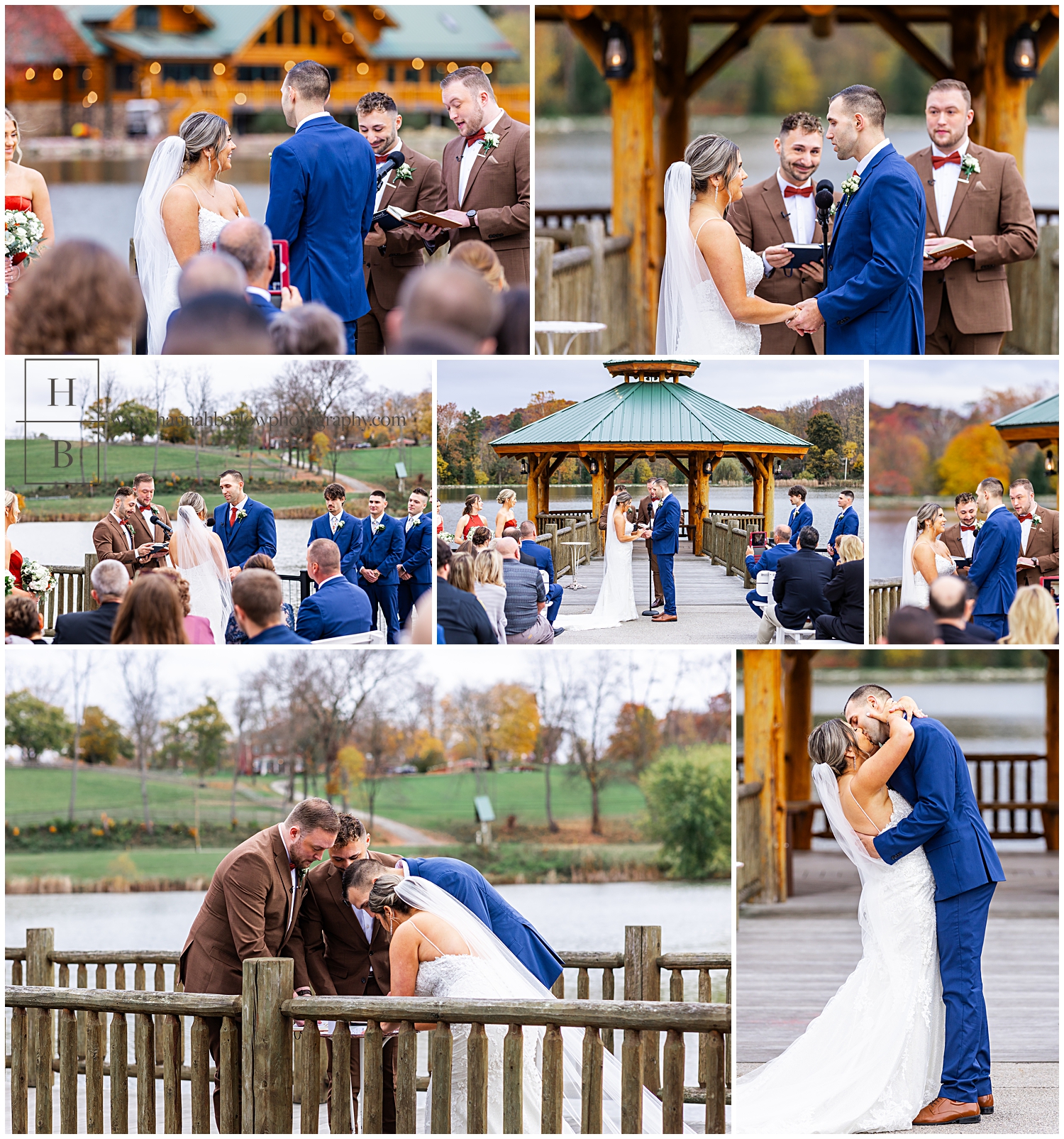 Wedding ceremony collage at the gathering place at Darlington Lake.