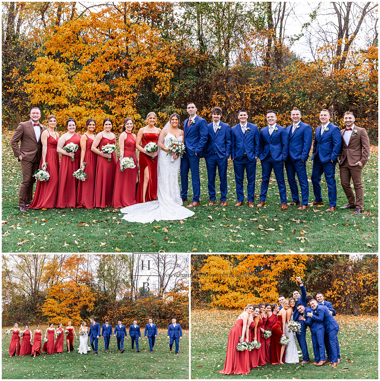 Bridal party stands together for group photo in front of orange trees