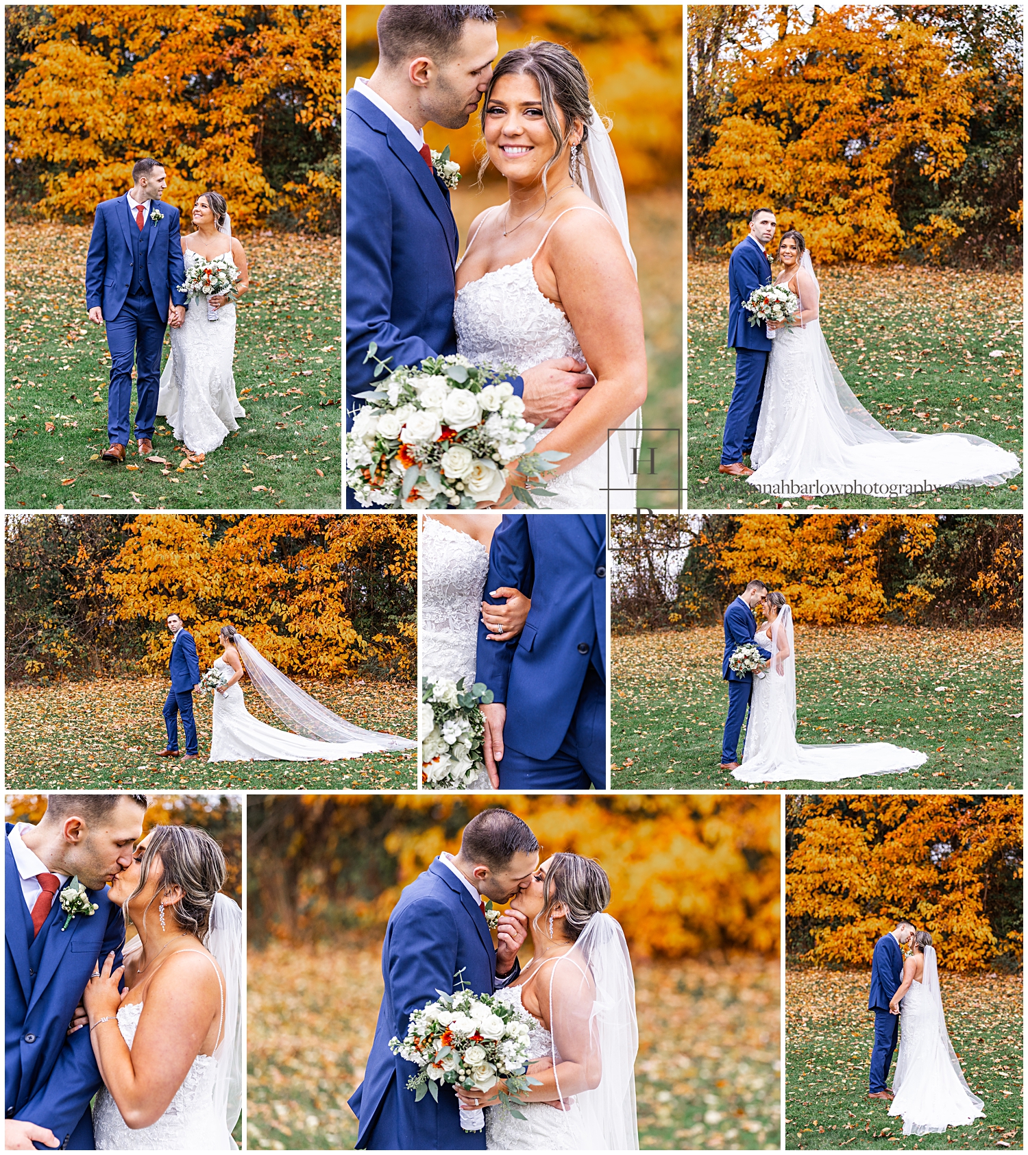 Bride and groom pose for wedding photos in green grass and orange leaves
