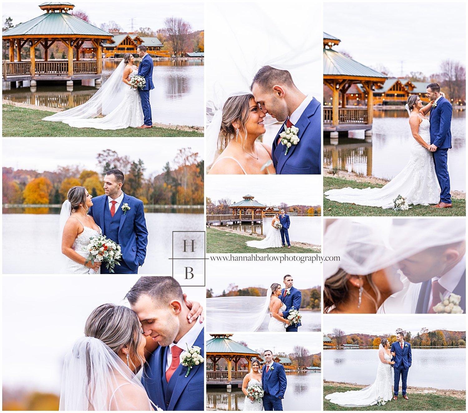 Bride and groom pose by lake while veil blows in wind