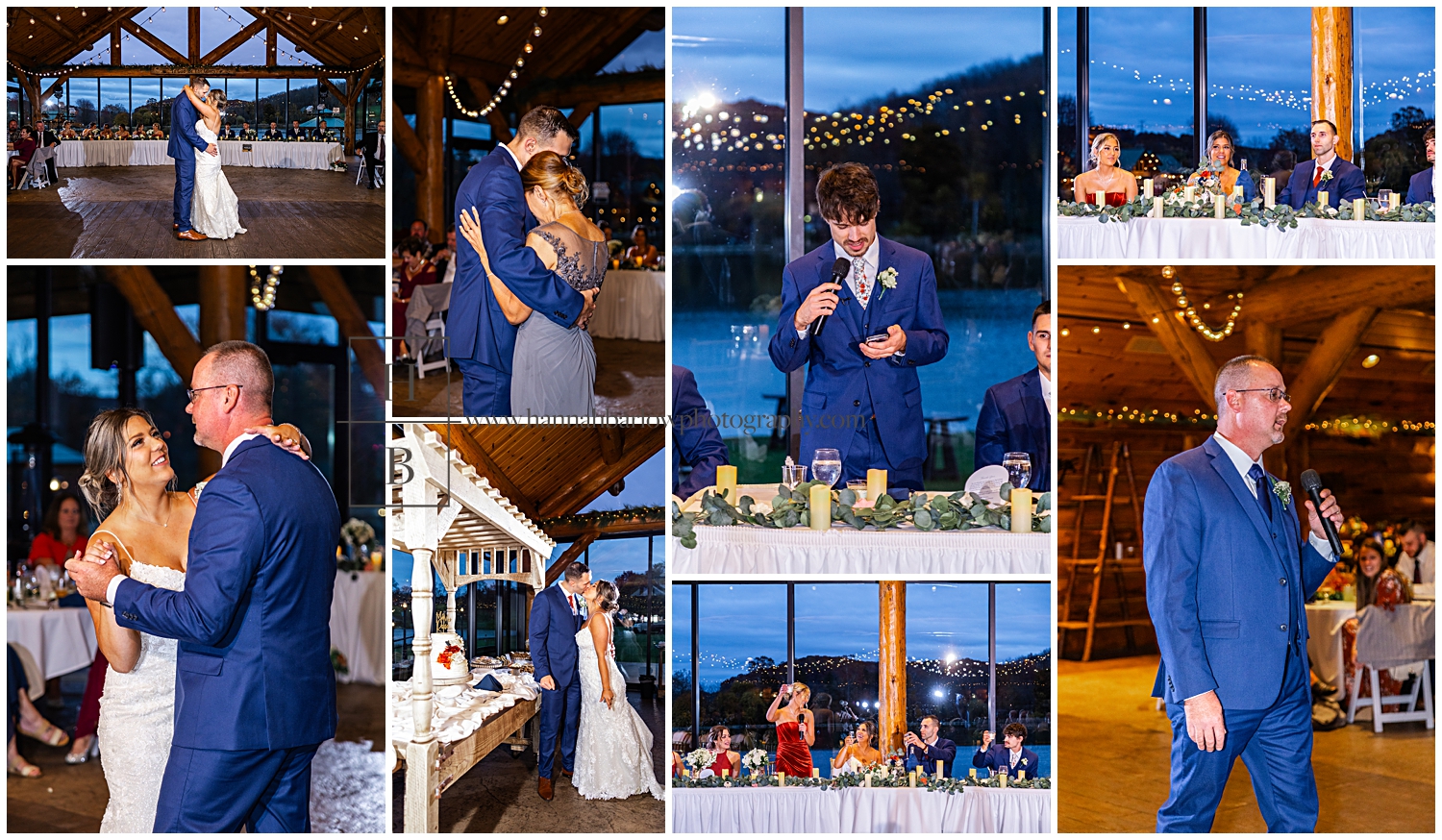 wedding reception overlooks a lake through windows at dusk