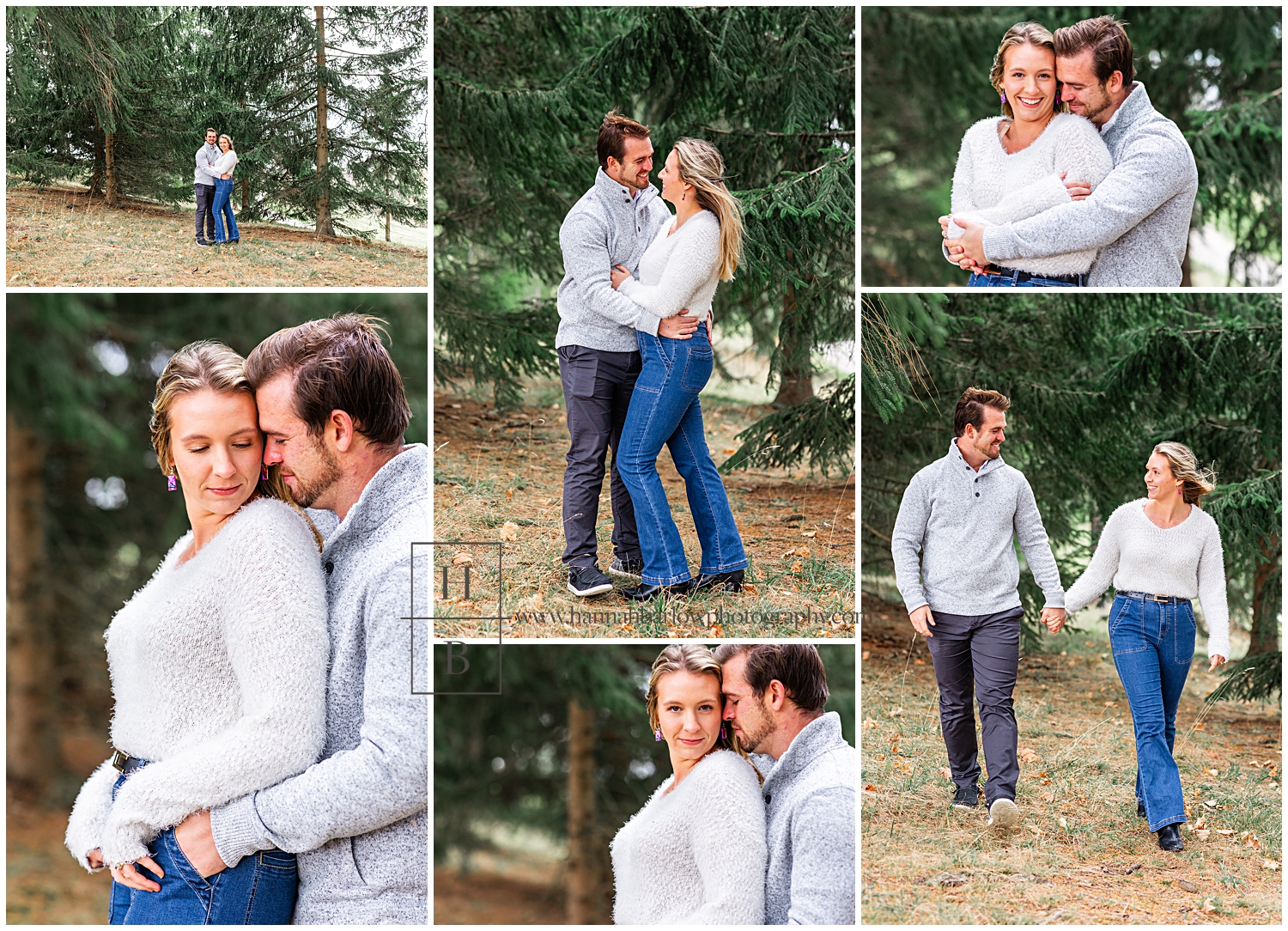 Women in white sweater and man in grey pose for windy engagement photos