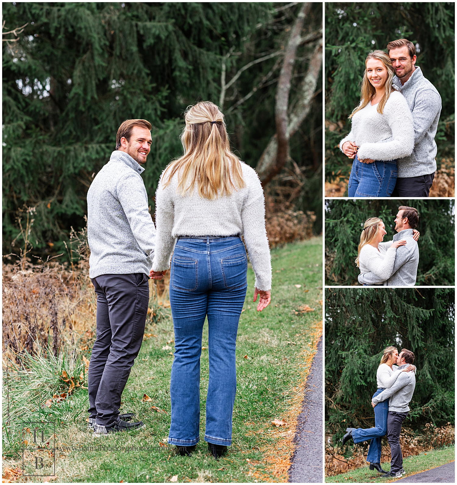 Man walks with woman by pine trees for engagement photos