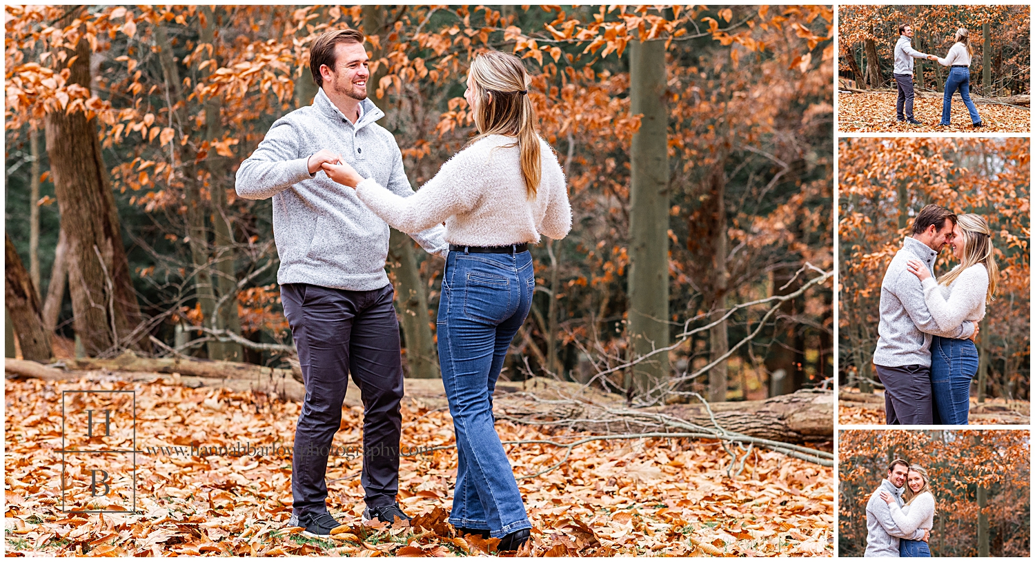Man and woman dance in leaves for engagement photos