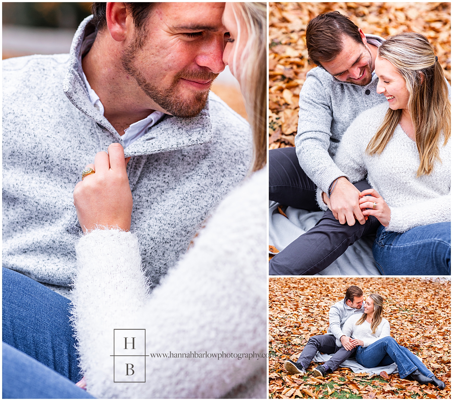 Woman sits with fiance in leaves to cuddle for engagement photos