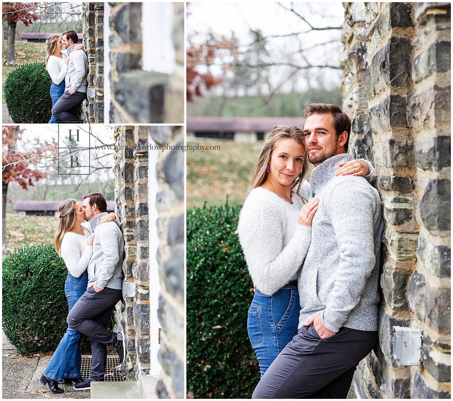 Man leans against the stone wall with fiance for engagement sessions 
