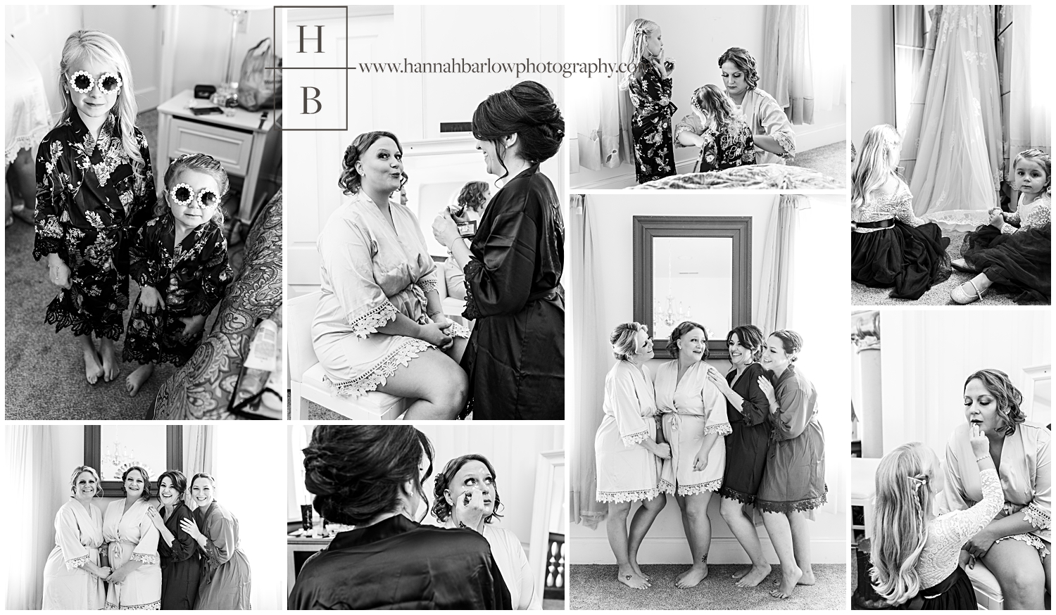 Black and white photos of bride and bridesmaids getting ready at Le Chateau Pier