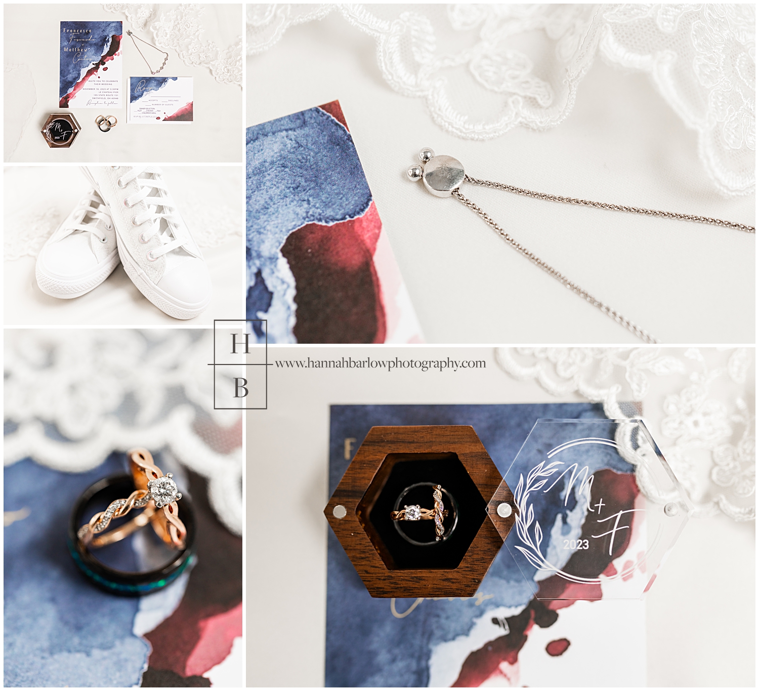 Off white lace, navy and burgundy wedding details
