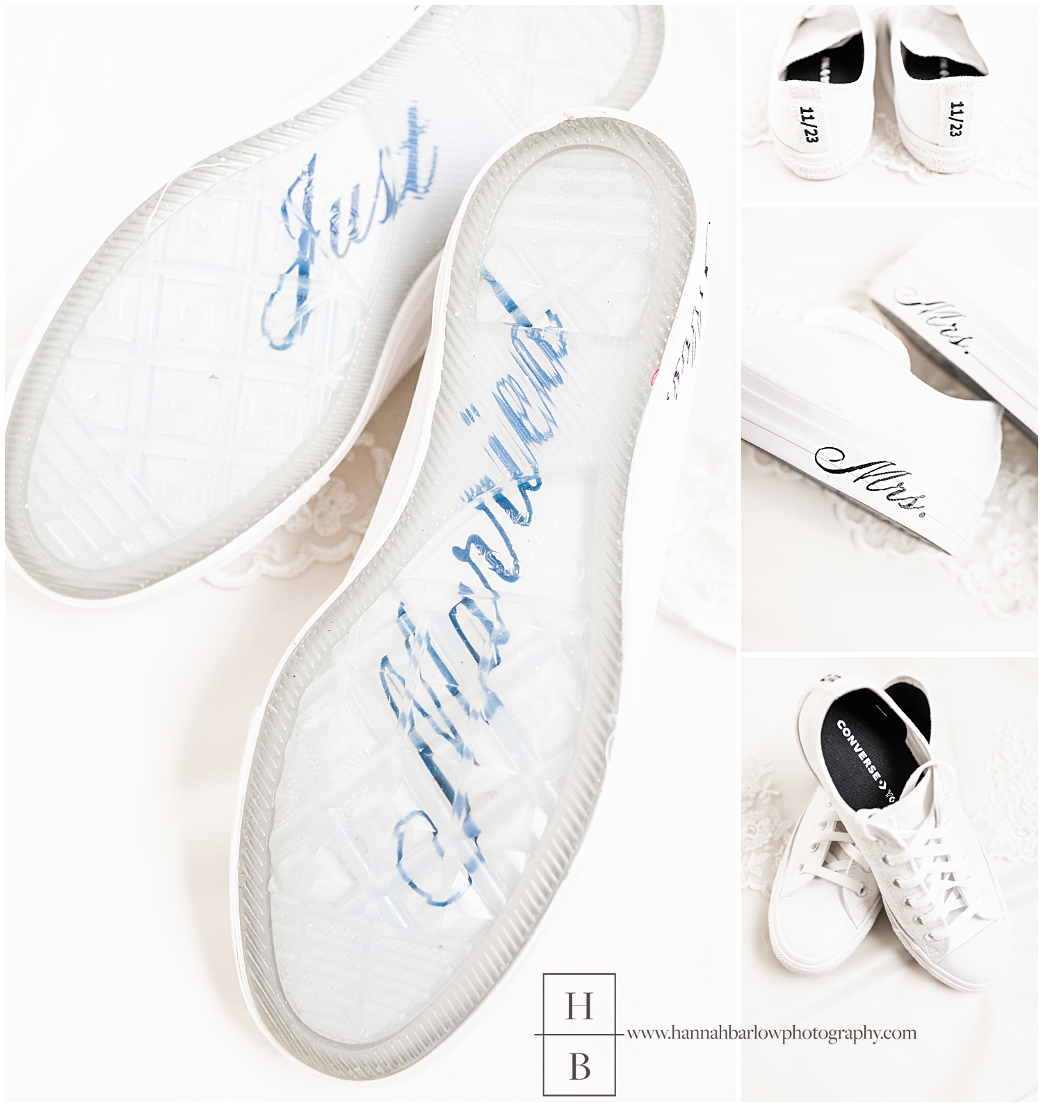 Bride's wedding shoes with just married on the bottom