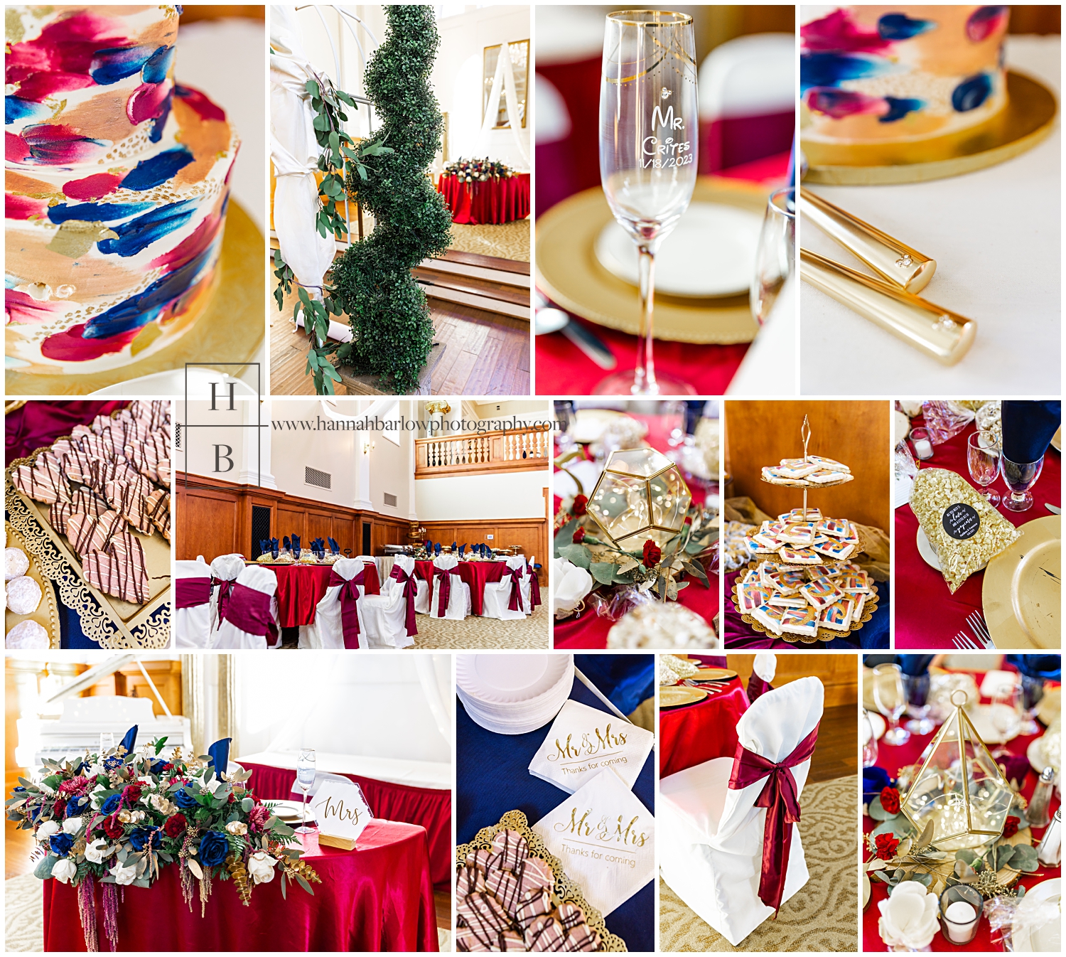 Gold, navy, burgundy wedding reception details