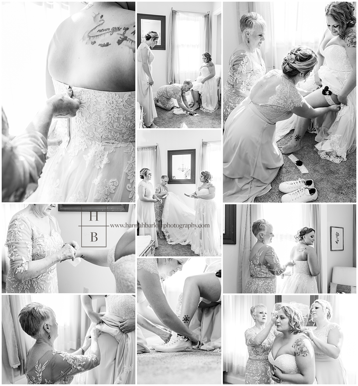 Black and white photos of bride getting ready with mom and sister