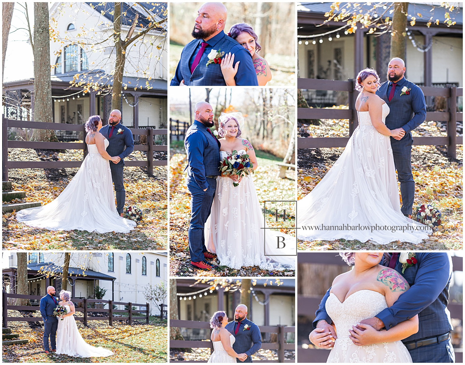 Bride and groom photo are highlighted in fall leaves
