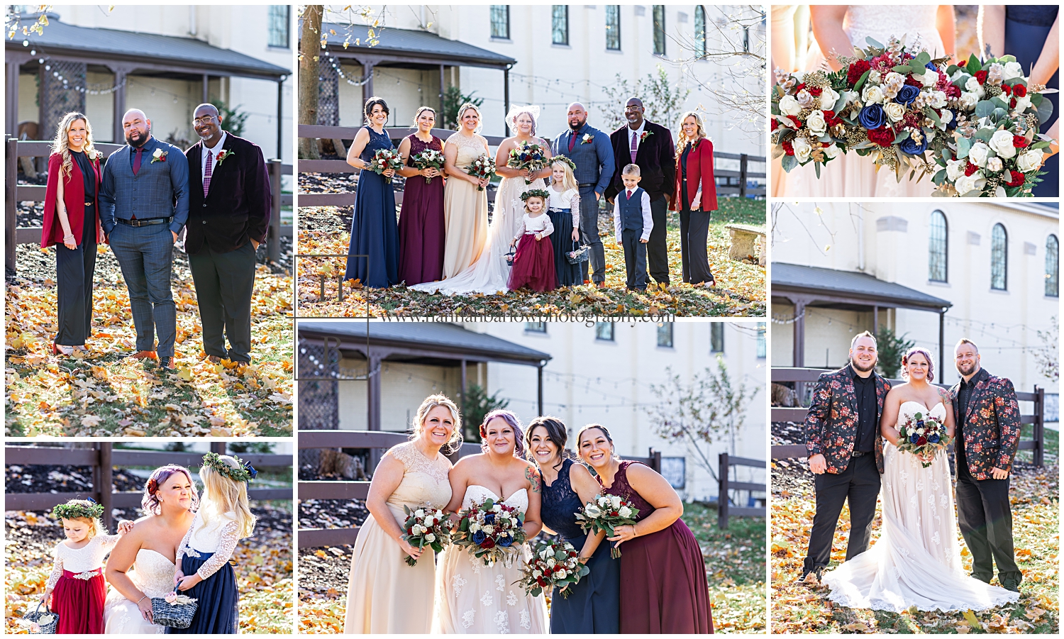 Bridal party pose with bride and groom at fall wedding