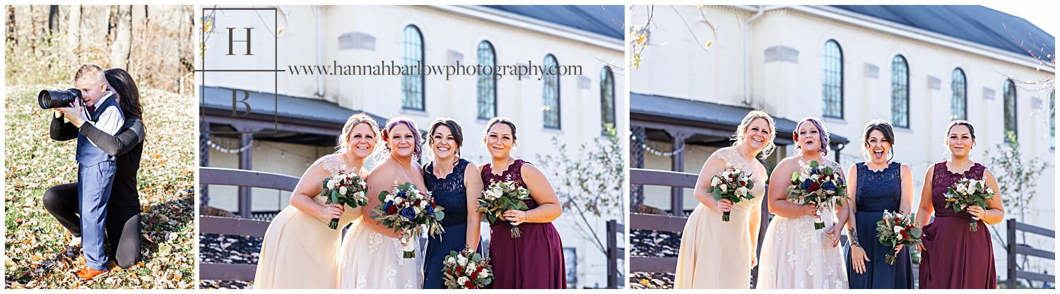Bridesmaids in navy, gold and burgundy pose for wedding photos