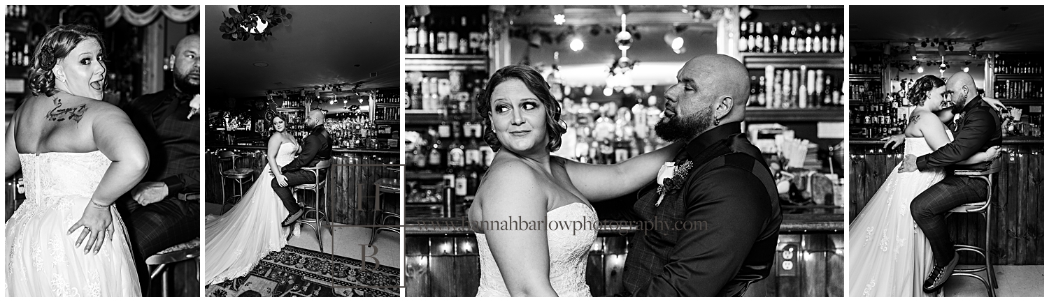 Black and white photos of bride and groom posing in bar