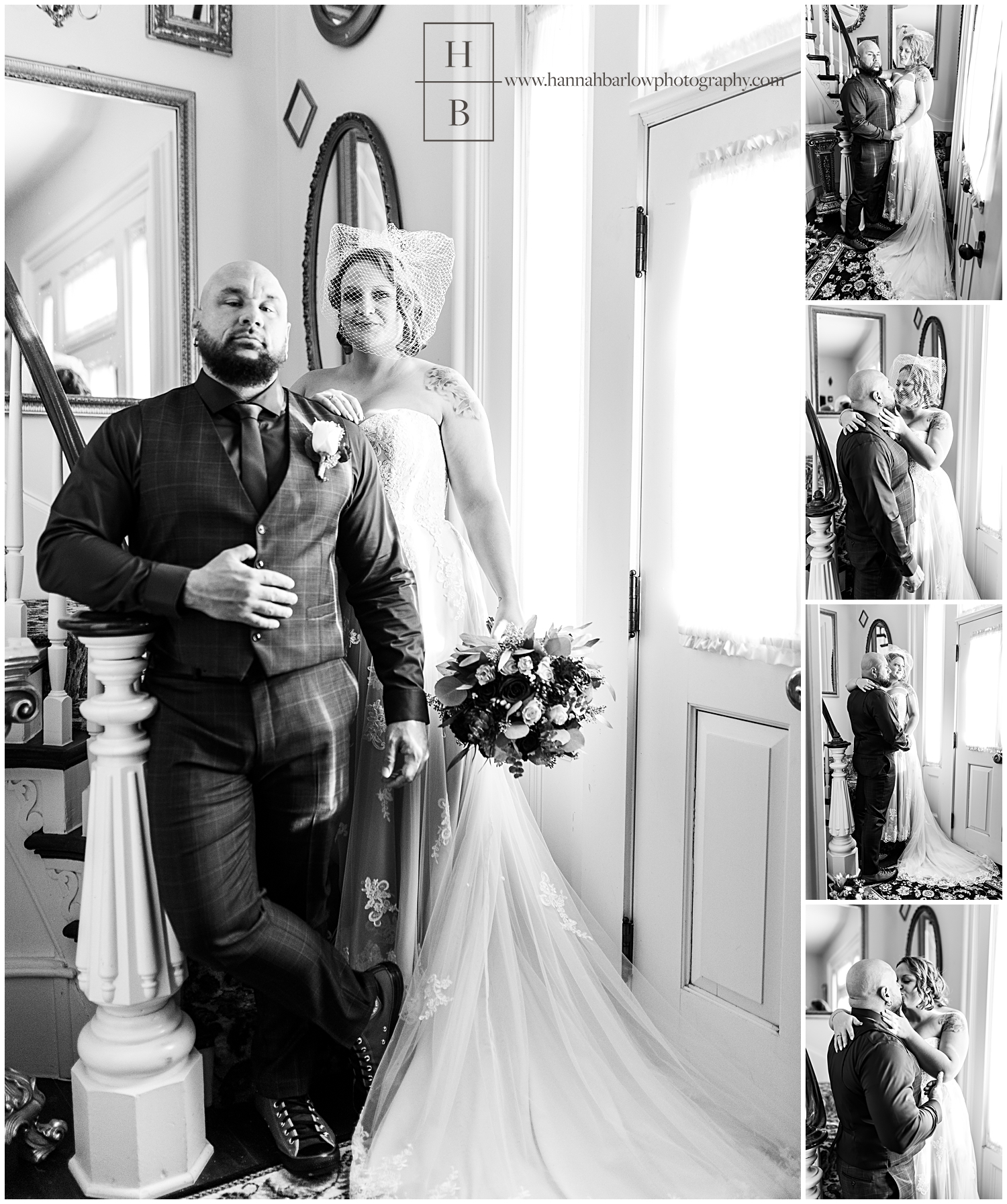 Groom leans on banister by stairs with bride for wedding photos in black and white