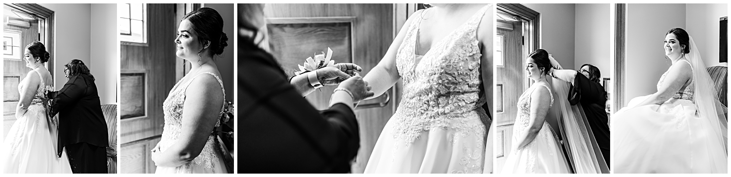 Black and white photos of bride getting ready with mother of the bride.