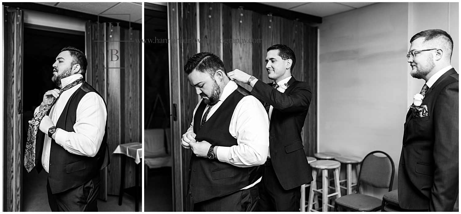 Black and white photos of groom and groomsmen getting ready at church.