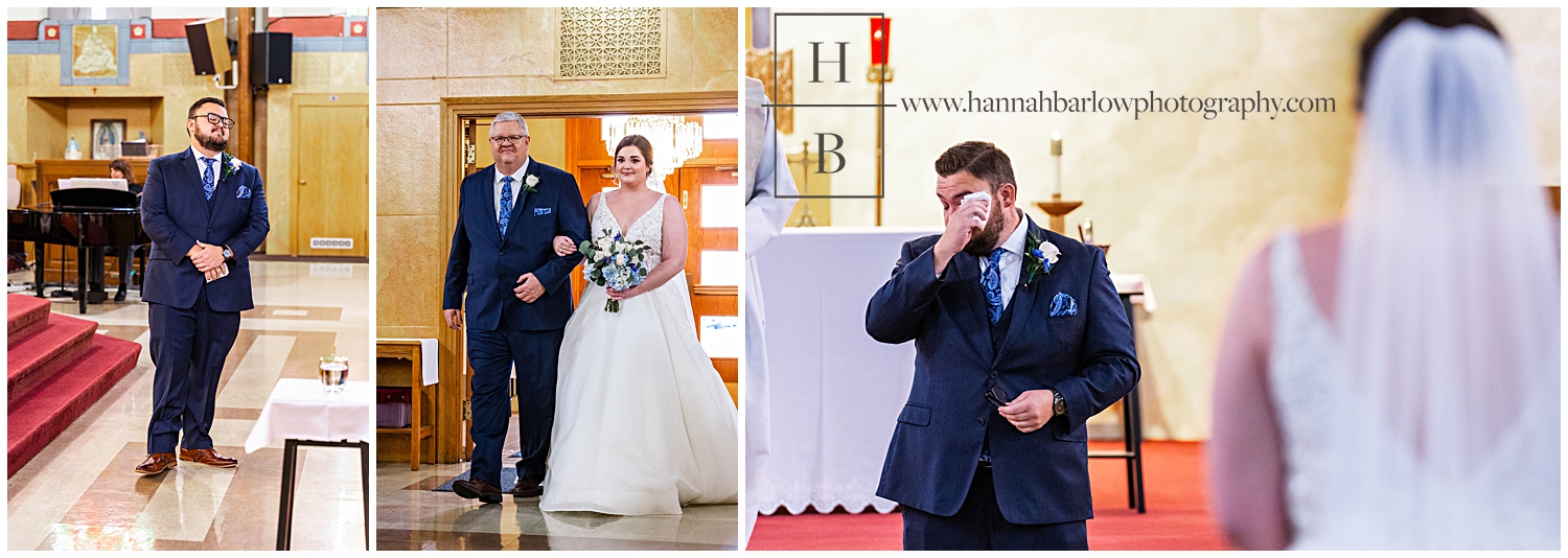 Groom tears up as bride walks down the aisle.