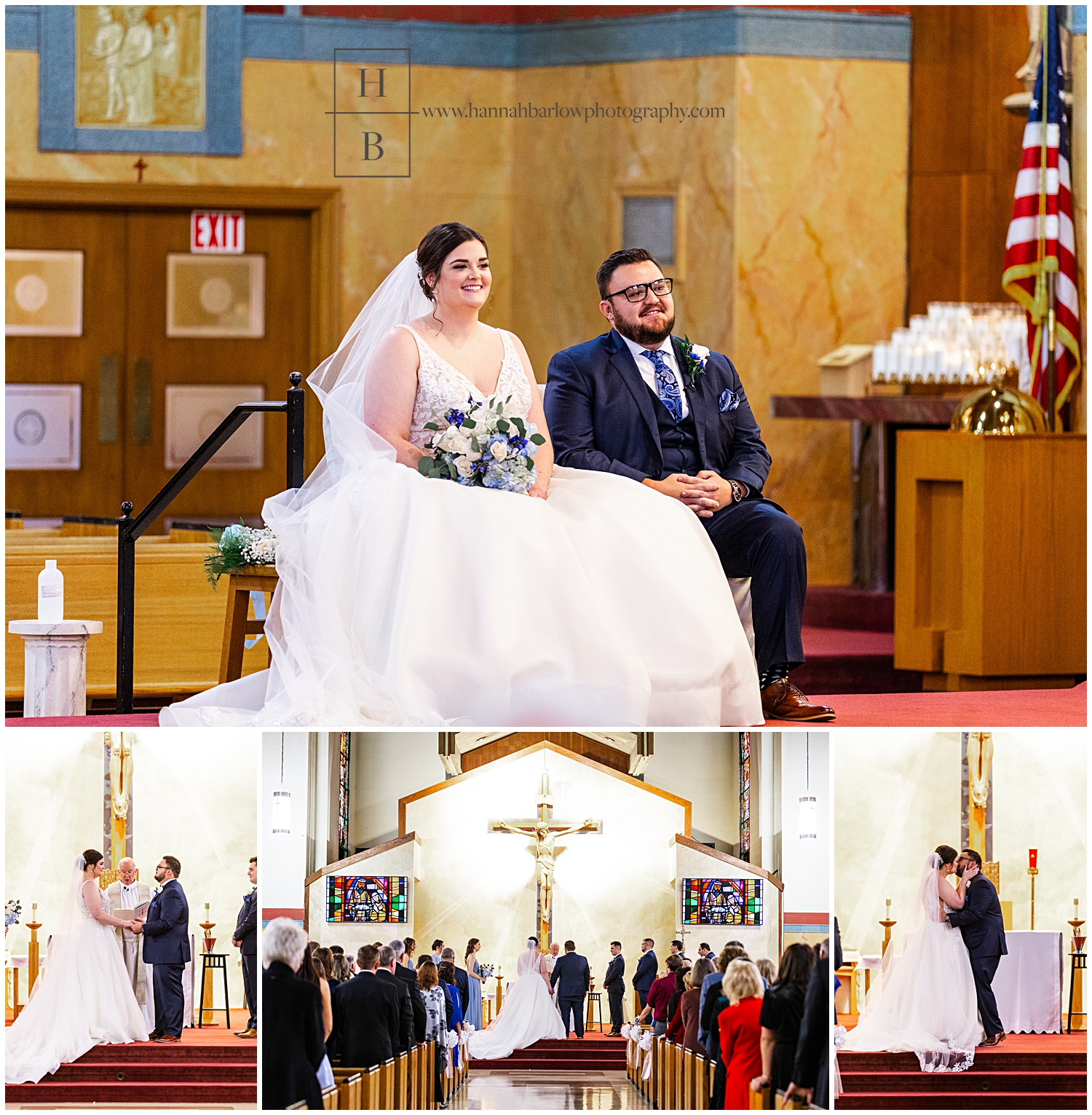 Collage of Catholic Church wedding ceremony with bride and groom smiling at the Priest.