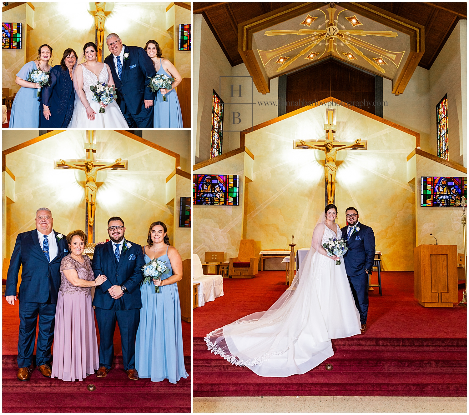 Family formal photos of couple at front alter of church