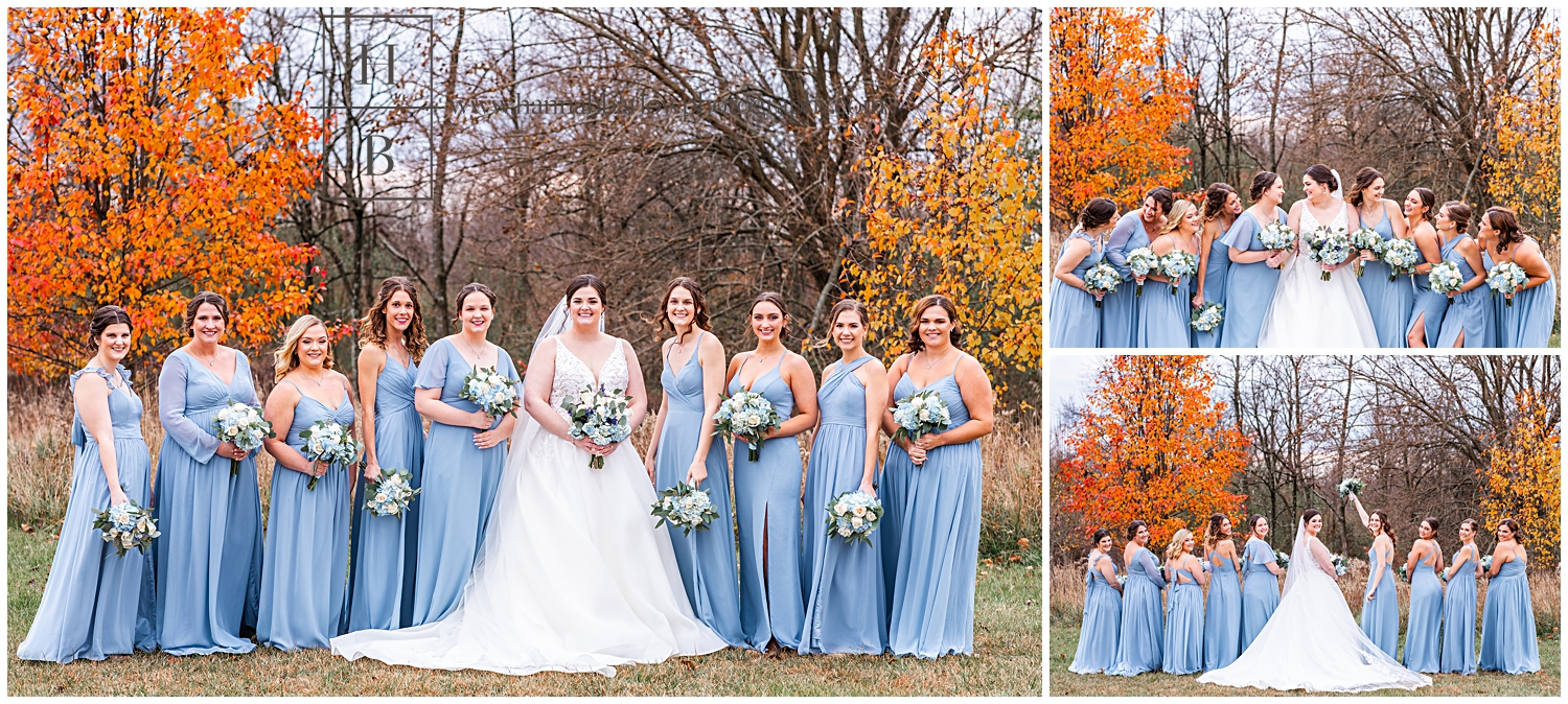 Bride and bridesmaids in dusty blue dresses pose for photos.