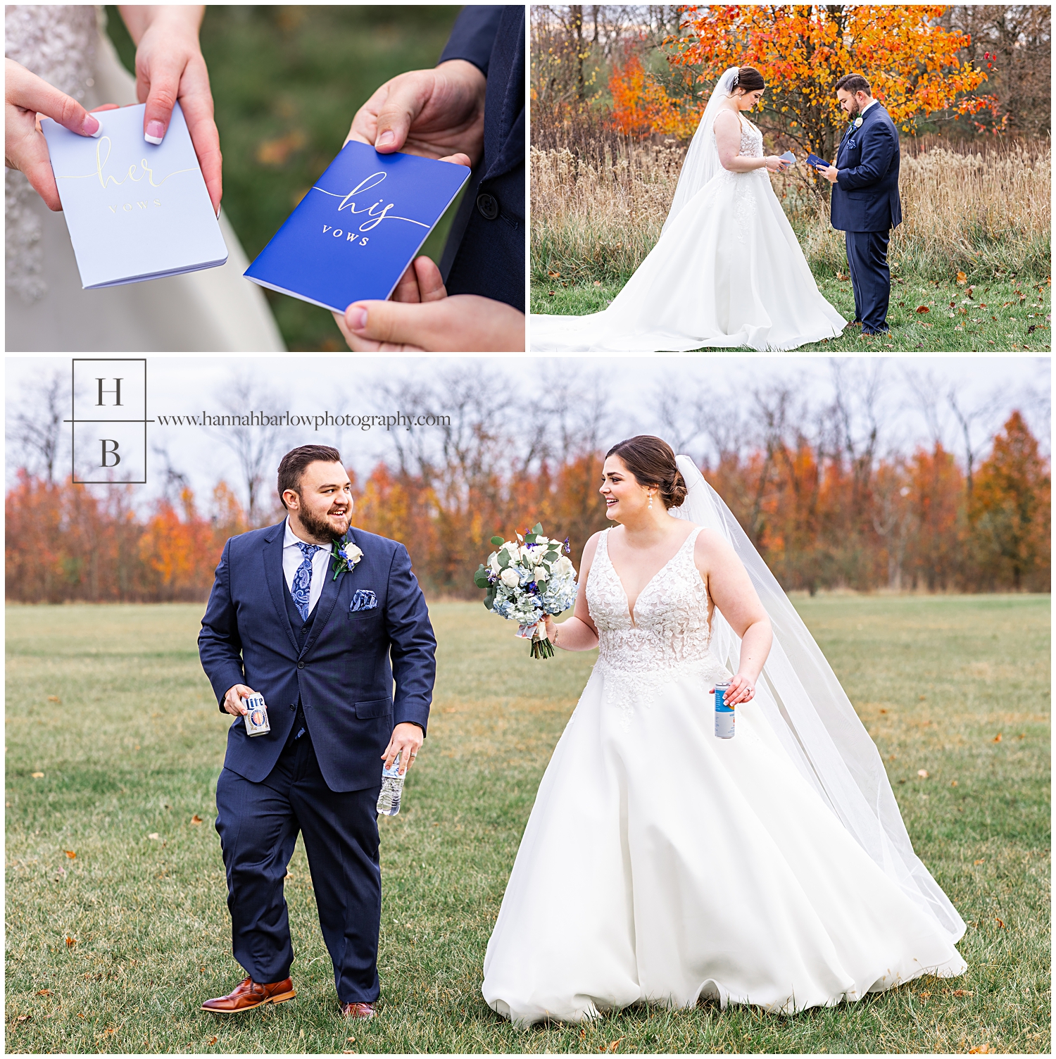 Couple holds blue vow books and reads vows and then walks away from the forest holding drinks