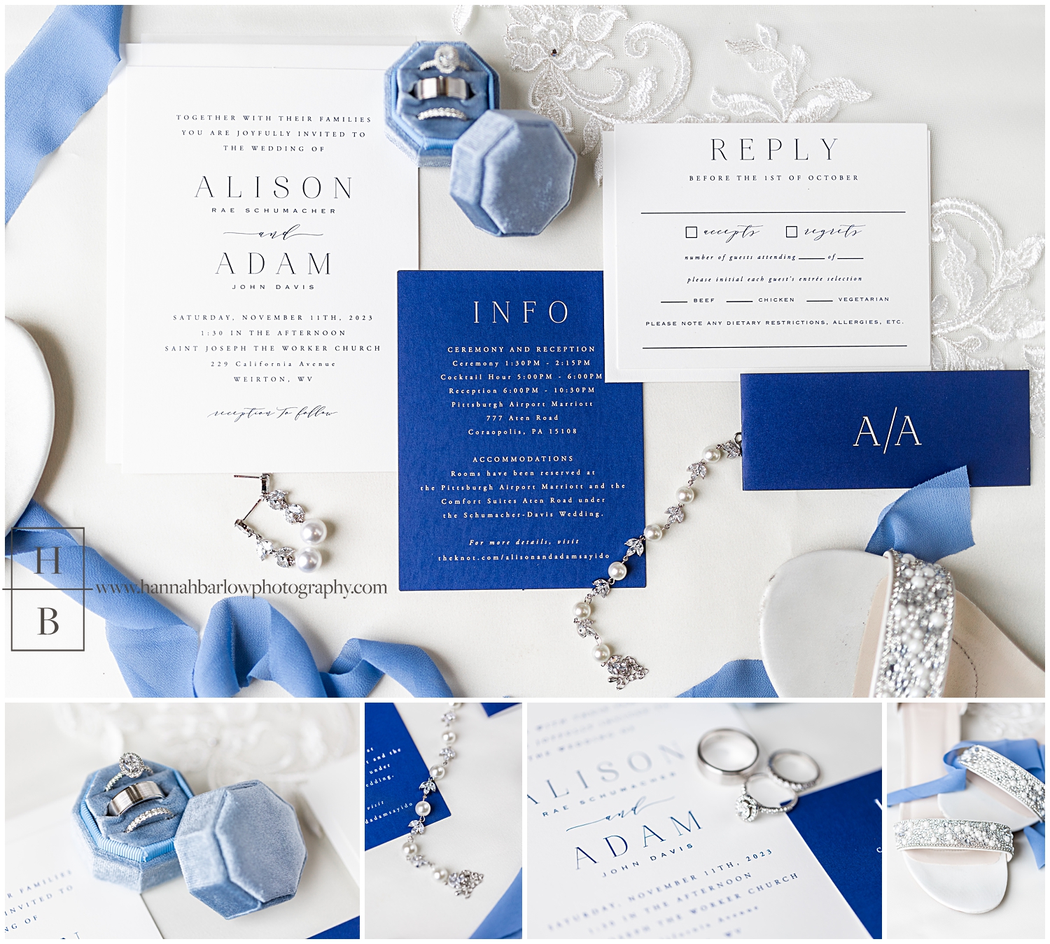 Navy and dusty blue wedding details.