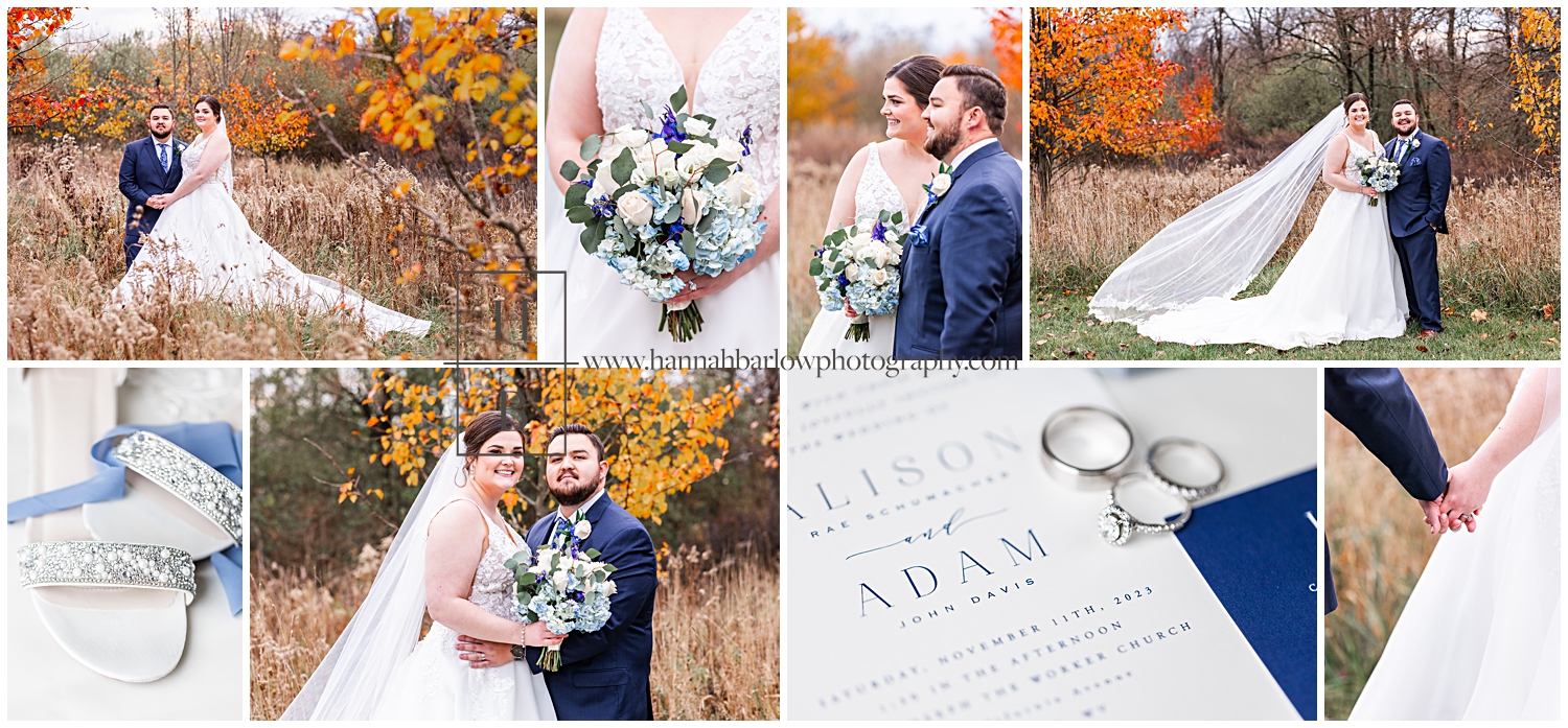 Collage of fall wedding with navy and dusty blue color details