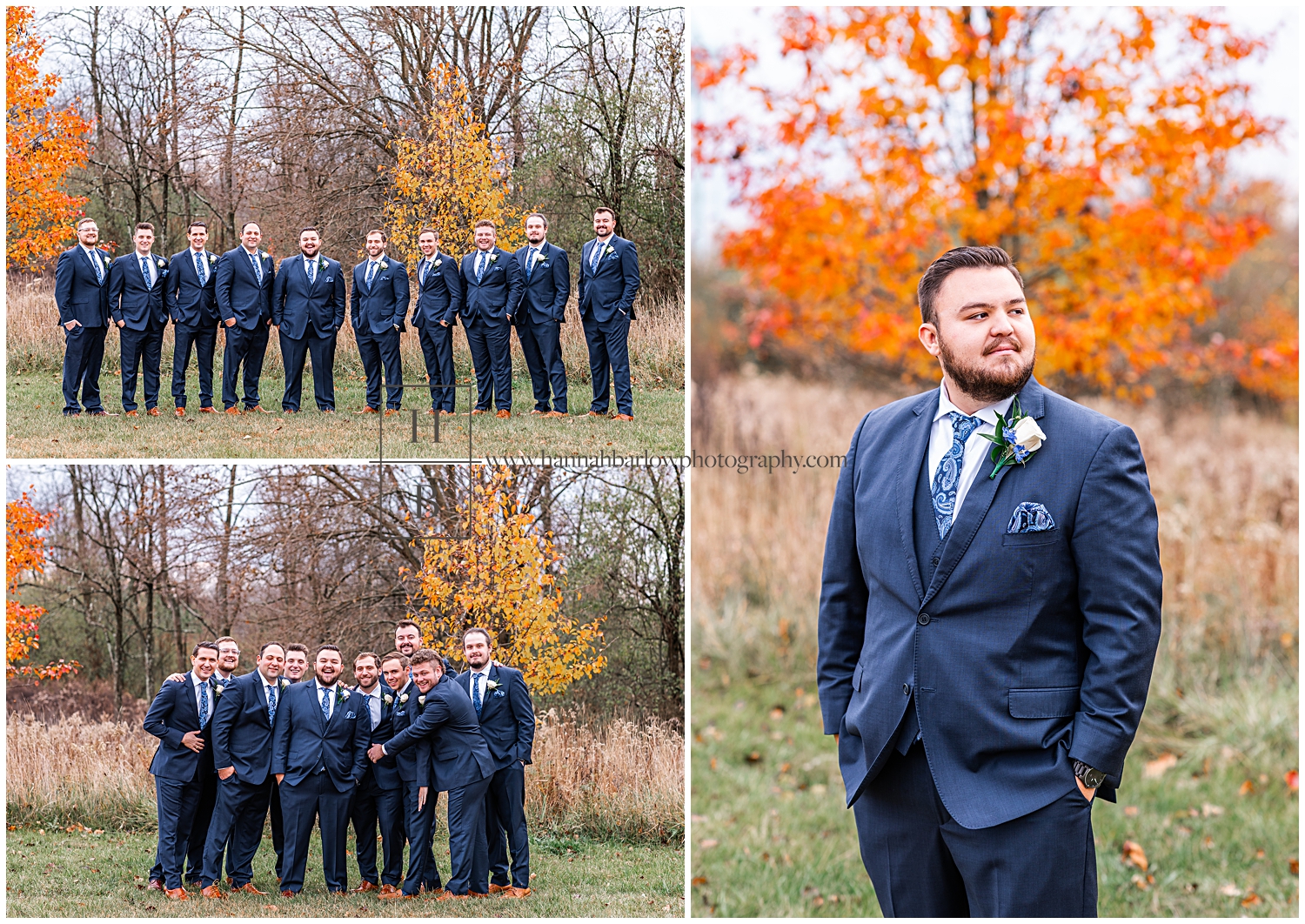 Fall wedding photos with groom and groomsmen wearing navy