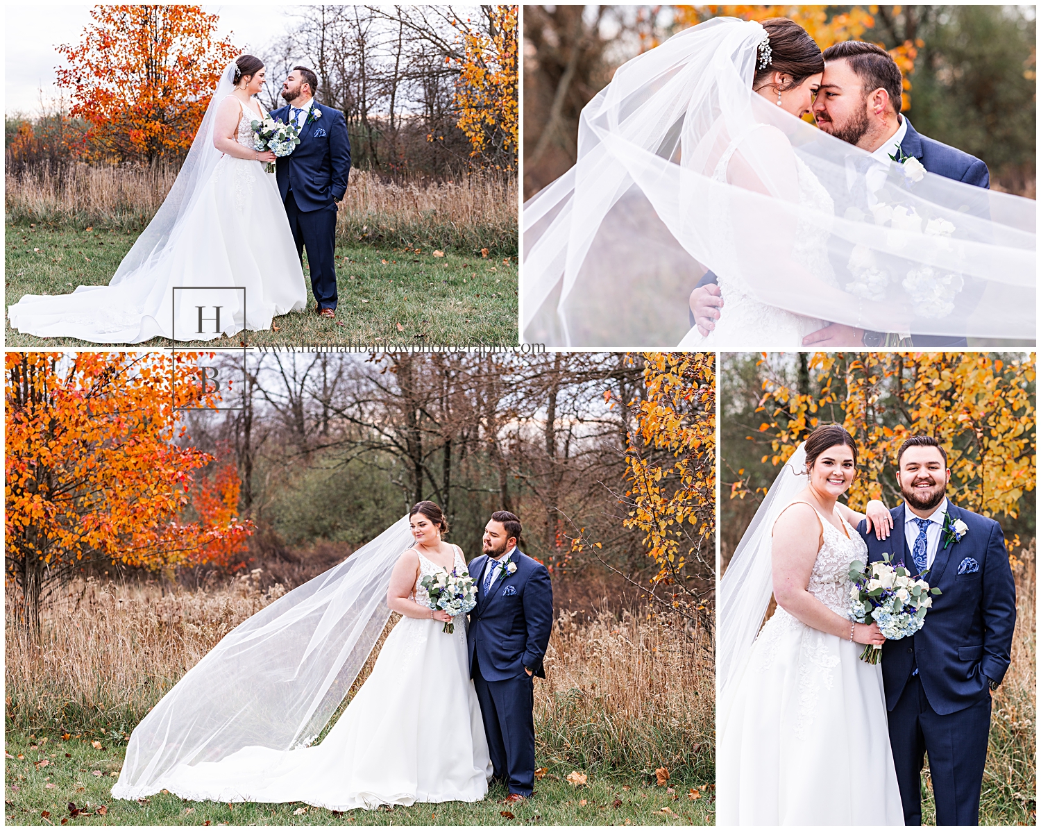 Bride and groom with navy details pose for fall wedding photos