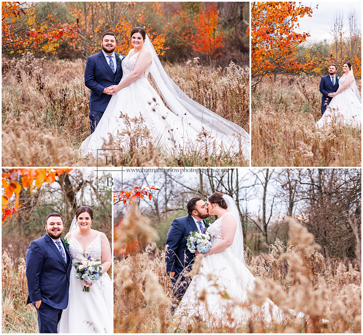 Bride and groom pose in fall dead foliage for beautiful wedding photos