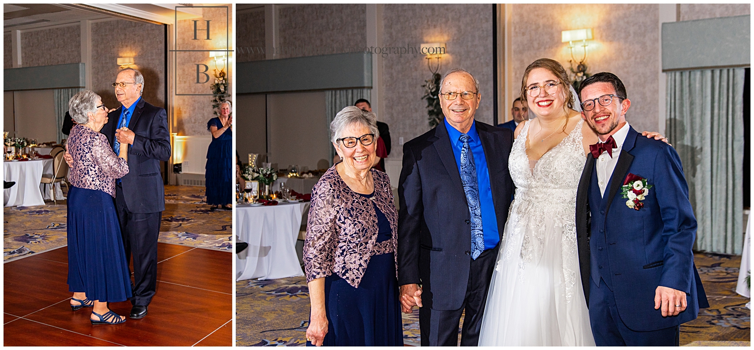 Grandparents who won anniversary dance pose with a couple.