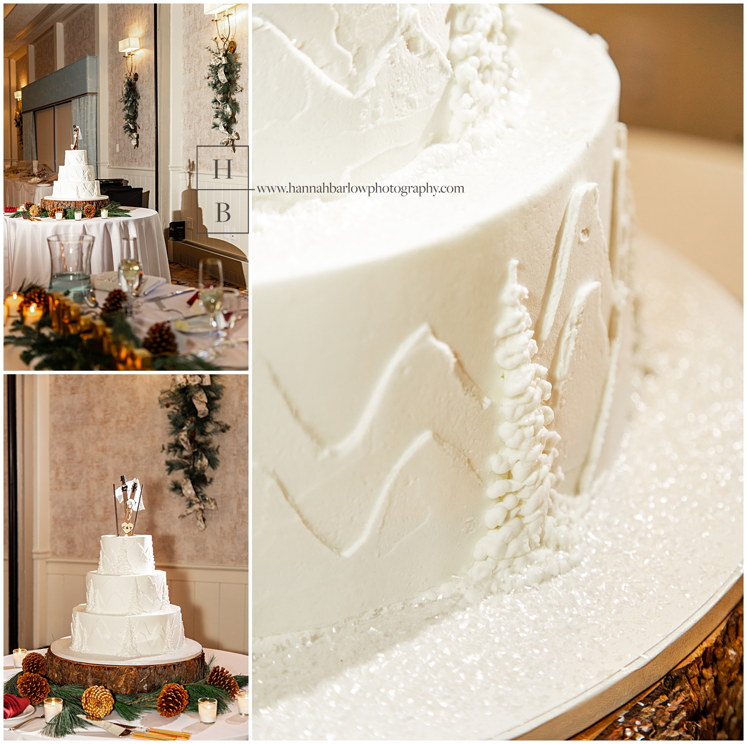 Winter wedding cake with white trees as decor