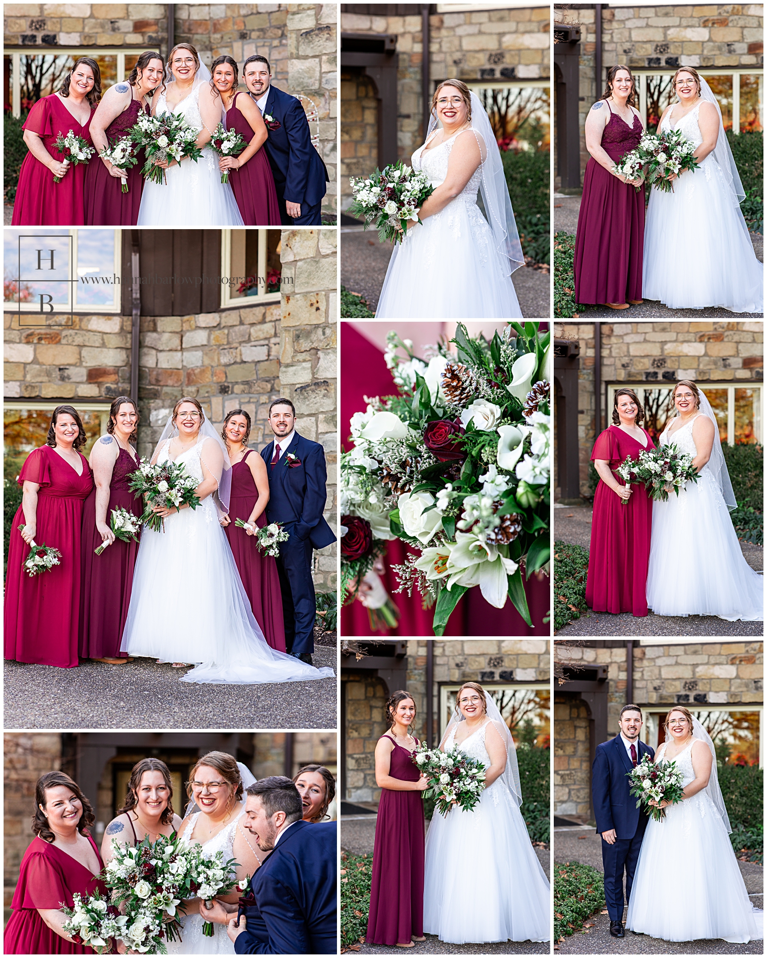Burgundy and navy wedding party photos on the bride's side