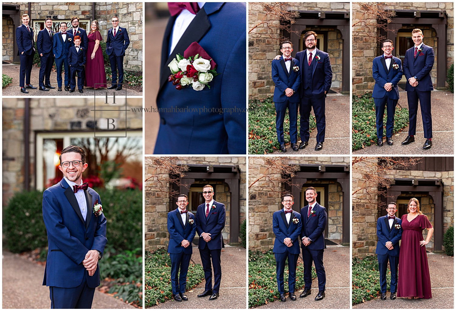 Groom in navy poses with groomsmen and friend