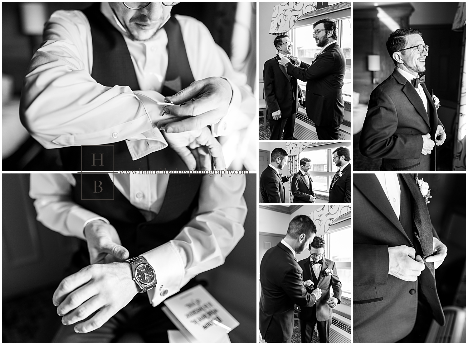 Black and white photos of Groom getting ready