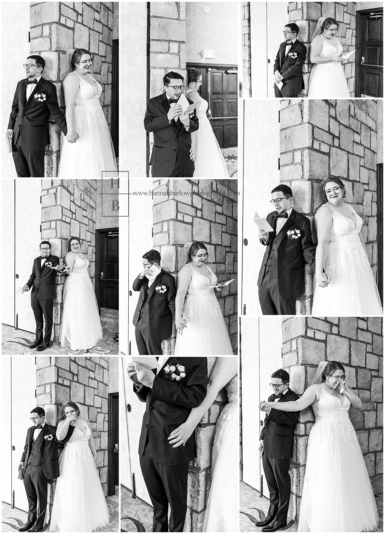 Black and white photos of bride and groom having first touch