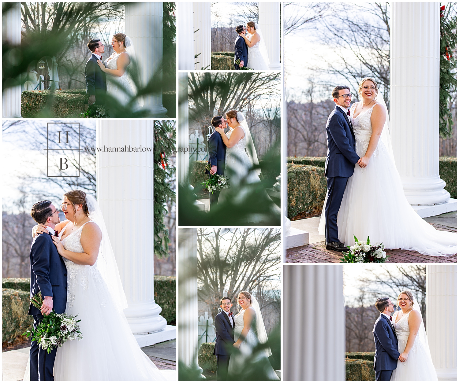 White pillars and Pine are highlighted in wedding photos of Bride and Groom