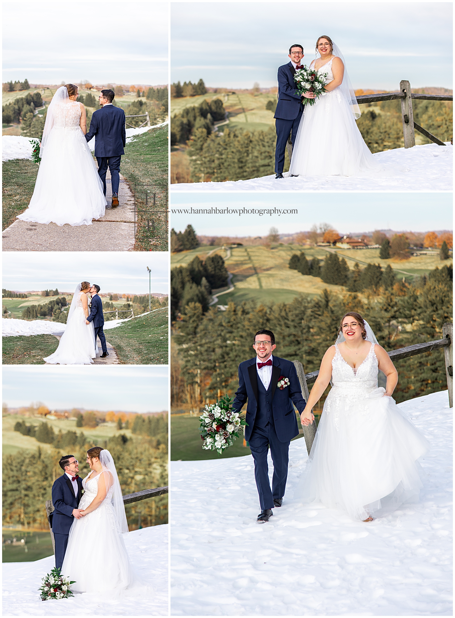 Bride and groom walk in snow