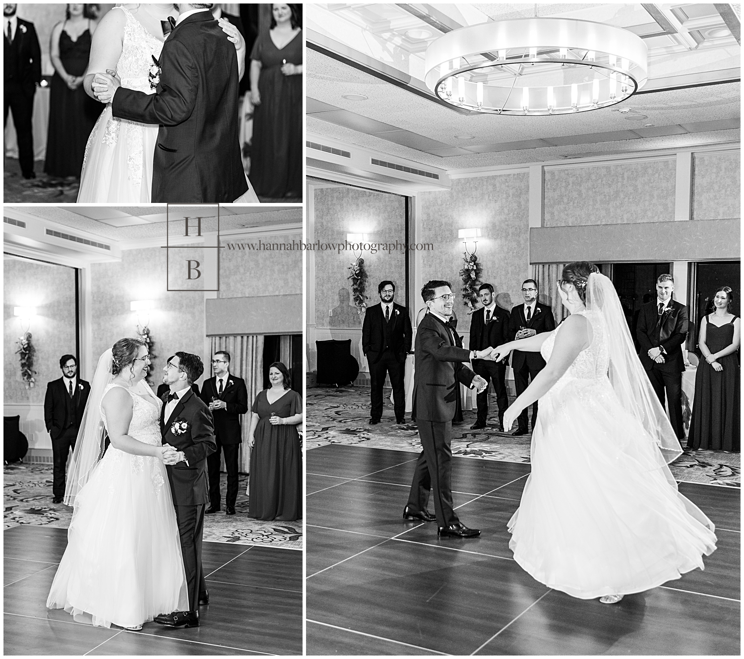 Black and white photos of bride and groom dancing their first dance