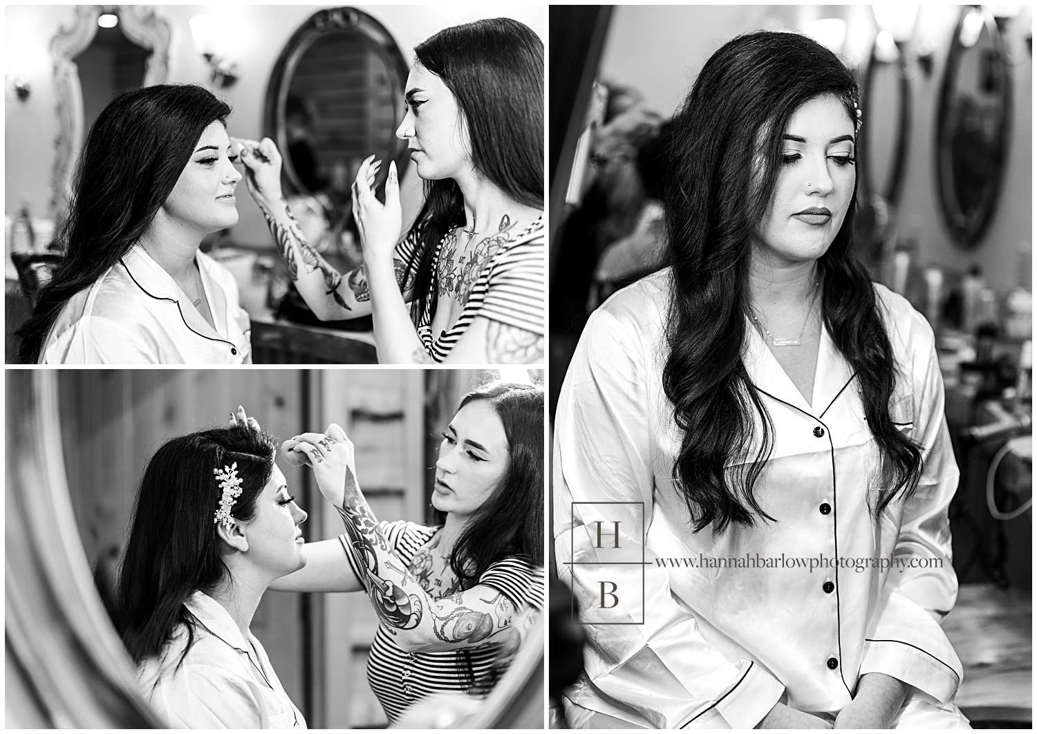 Black and white photos of bride getting hair and makeup done