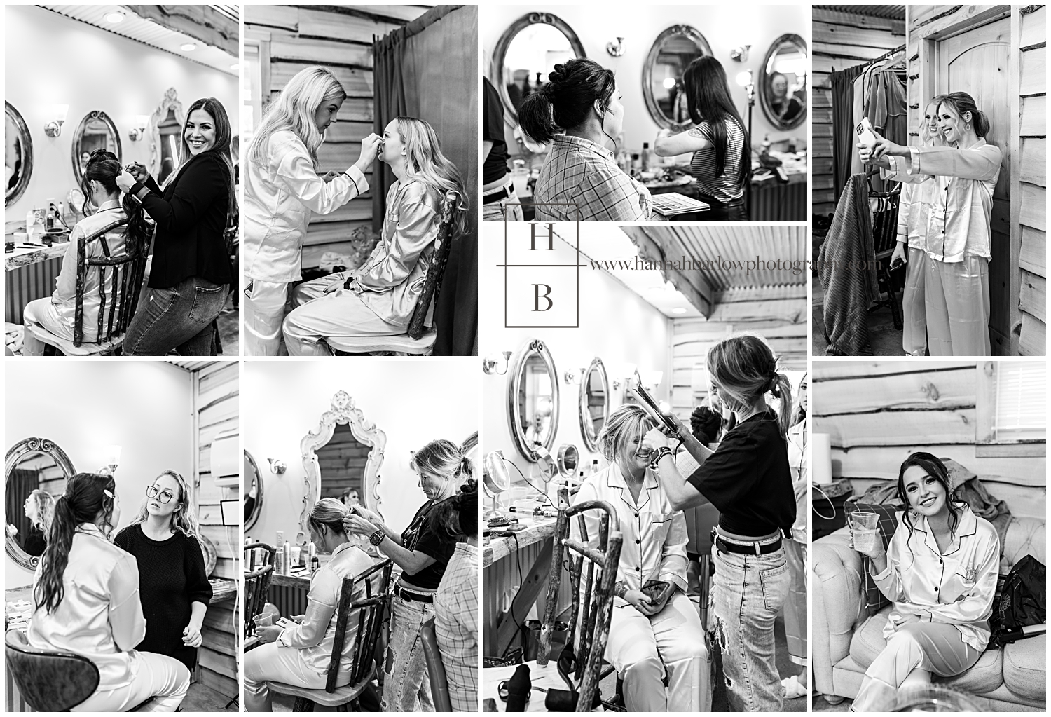 Black and white photos of bride and bridesmaids getting hair done