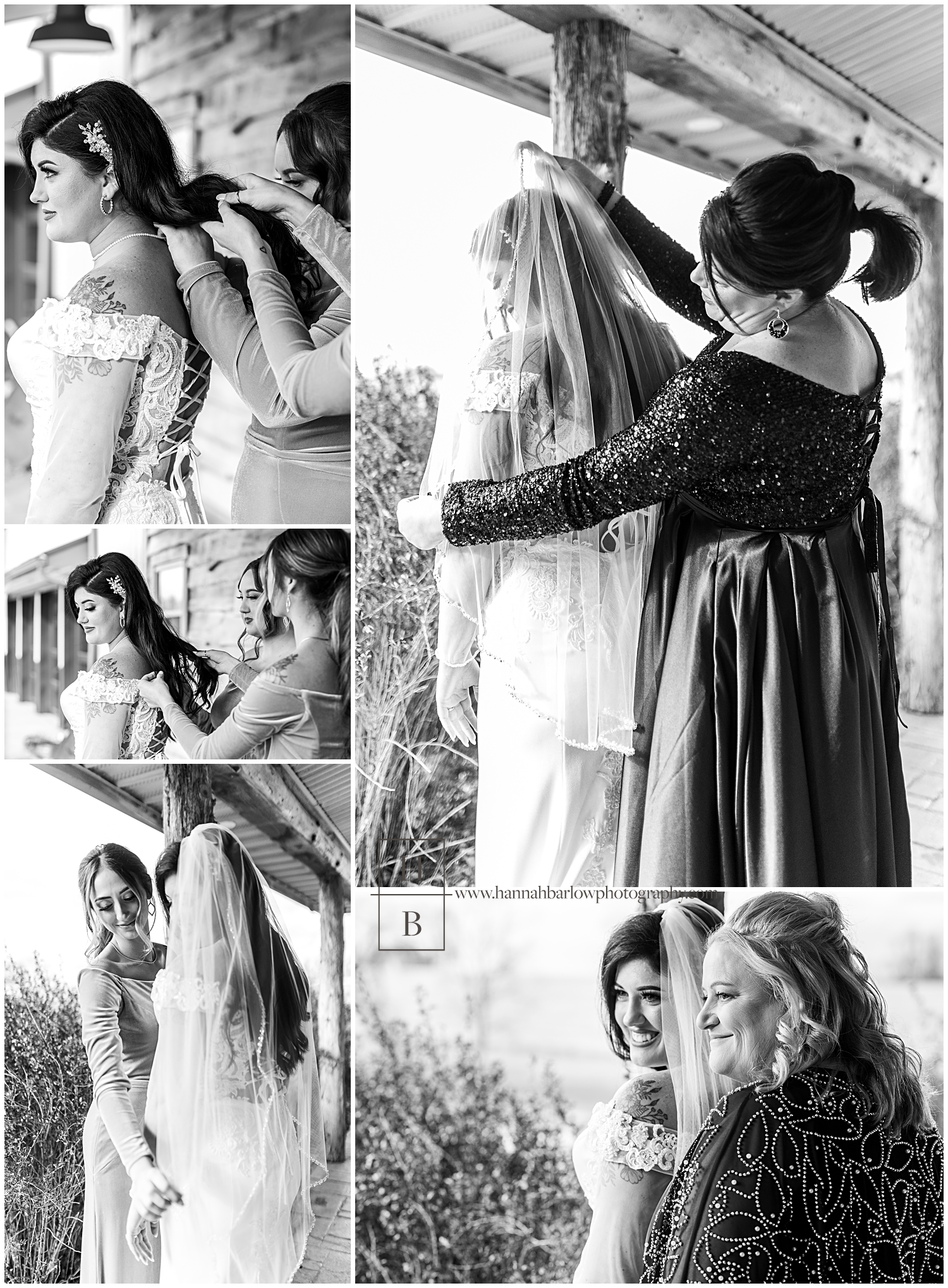 Black and white photos of Brad getting dress and veil on with help of friends in mother's