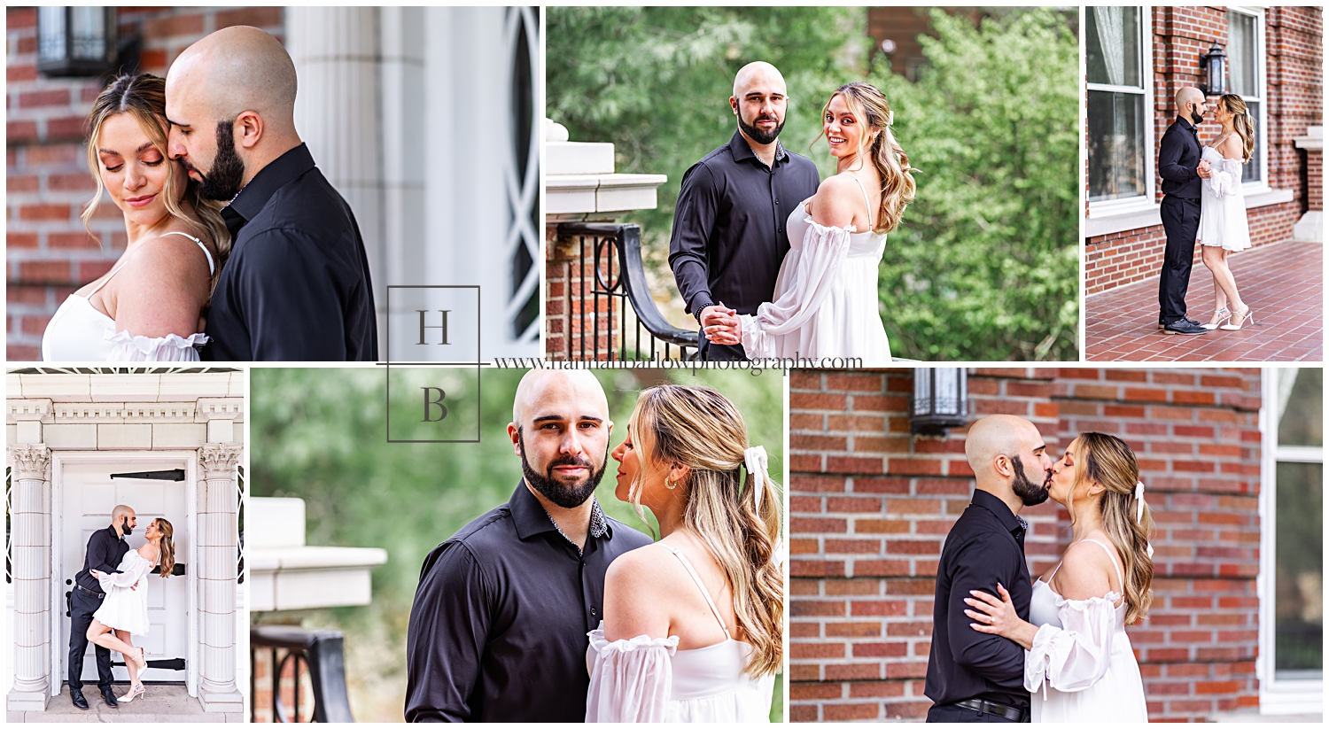 Collage of engagement photos featuring a man in a black suit and woman in a white dress.